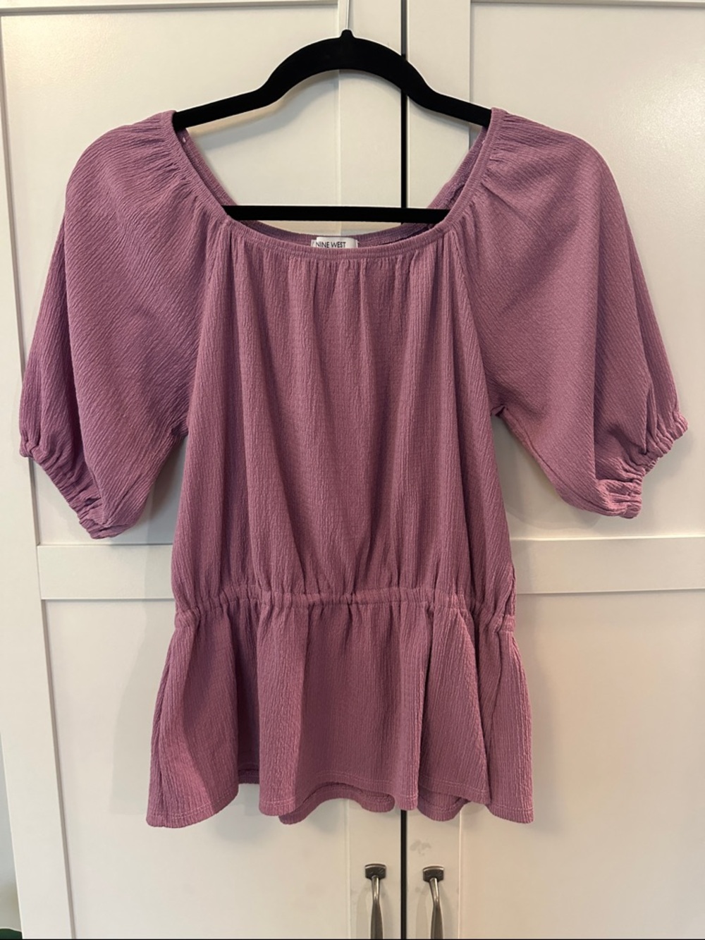 NWOT Nine West Dusty Mauve Peplum Puff-Sleeve Blouse XS